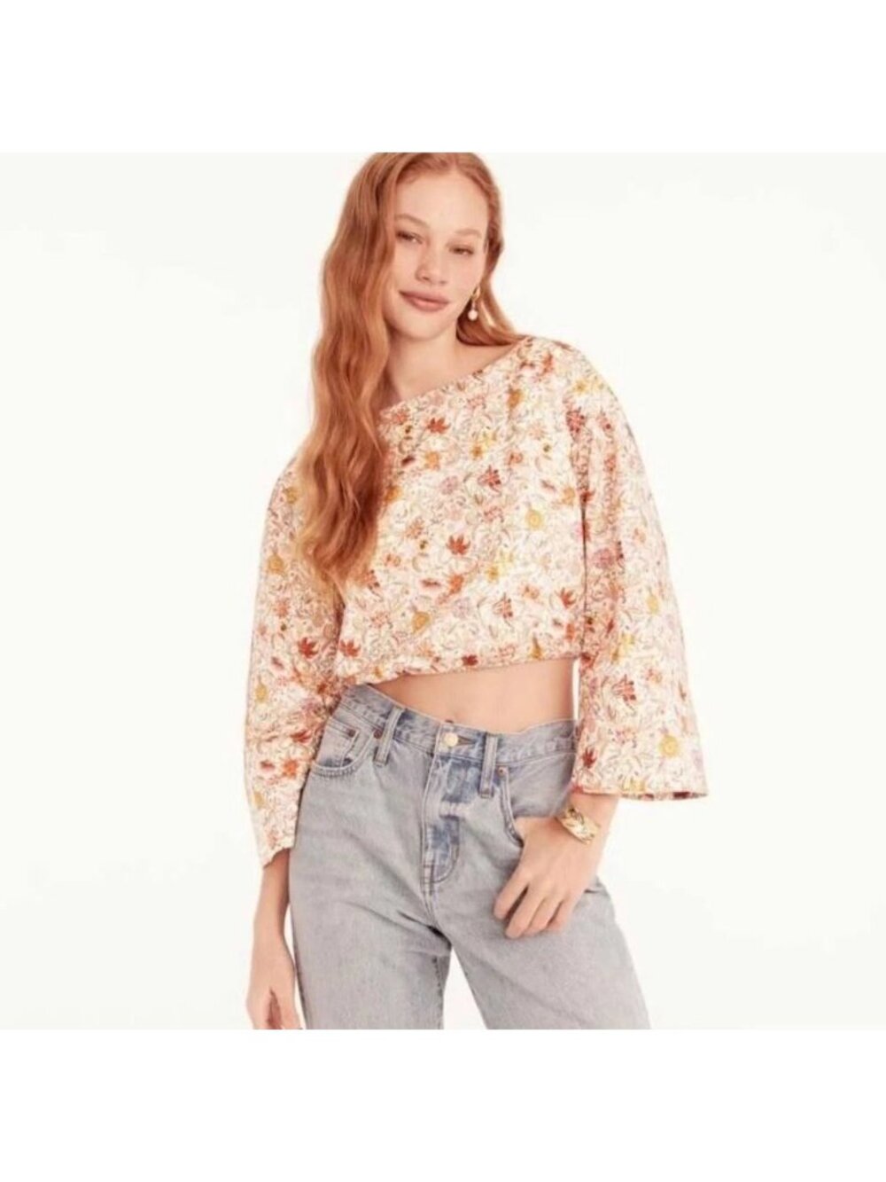 J. Crew Liberty Fabric Garden Of Life Top Bell-Sleeve Organic Cotton Cropped S